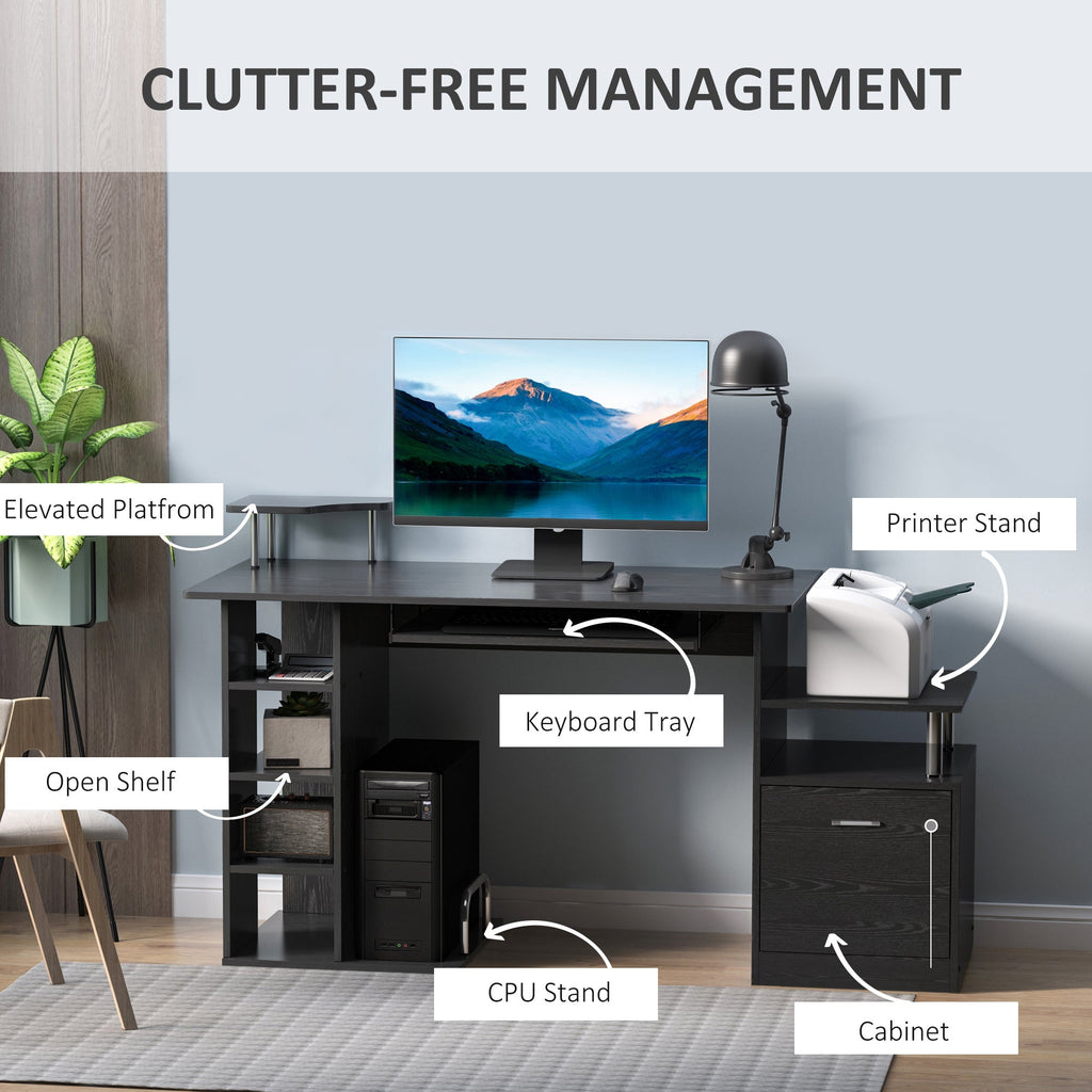 Computer Desk PC Workstation with Drawer, Shelves and CPU Storage Rack, Home Office Furniture, 152 x 60 x 88cm, Black with Wood Grain