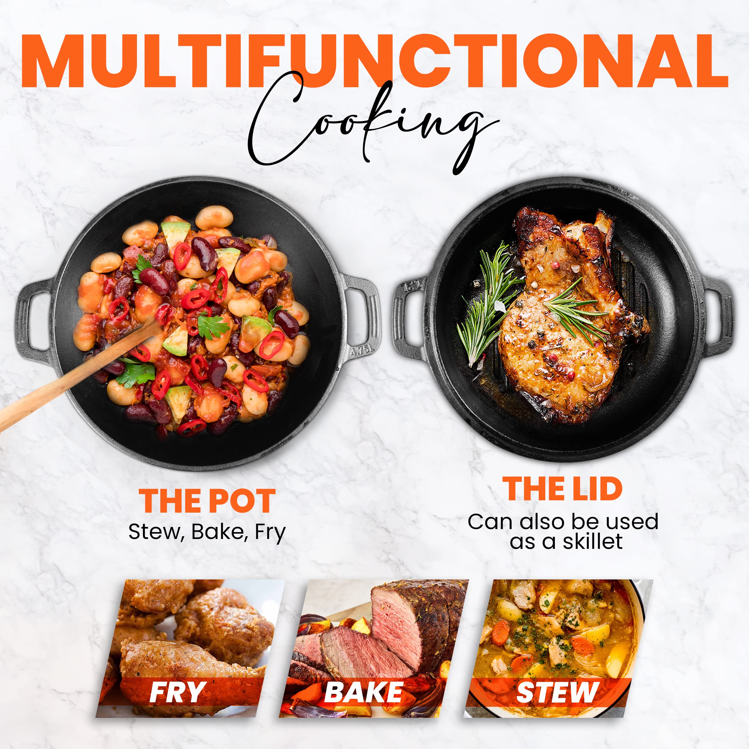 4.7L/5.0 Quart Pre Seasoned Cast Iron Pan, Dutch Oven with Lid, Dual Function Griddle Pan, 10.6 Inch (27 cm), Casted Pot with lid, Casserole