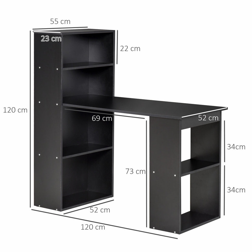 120cm Modern Computer Desk Bookshelf Study Table Workstation PC Laptop Writing Home Office 6 Shelves, Black