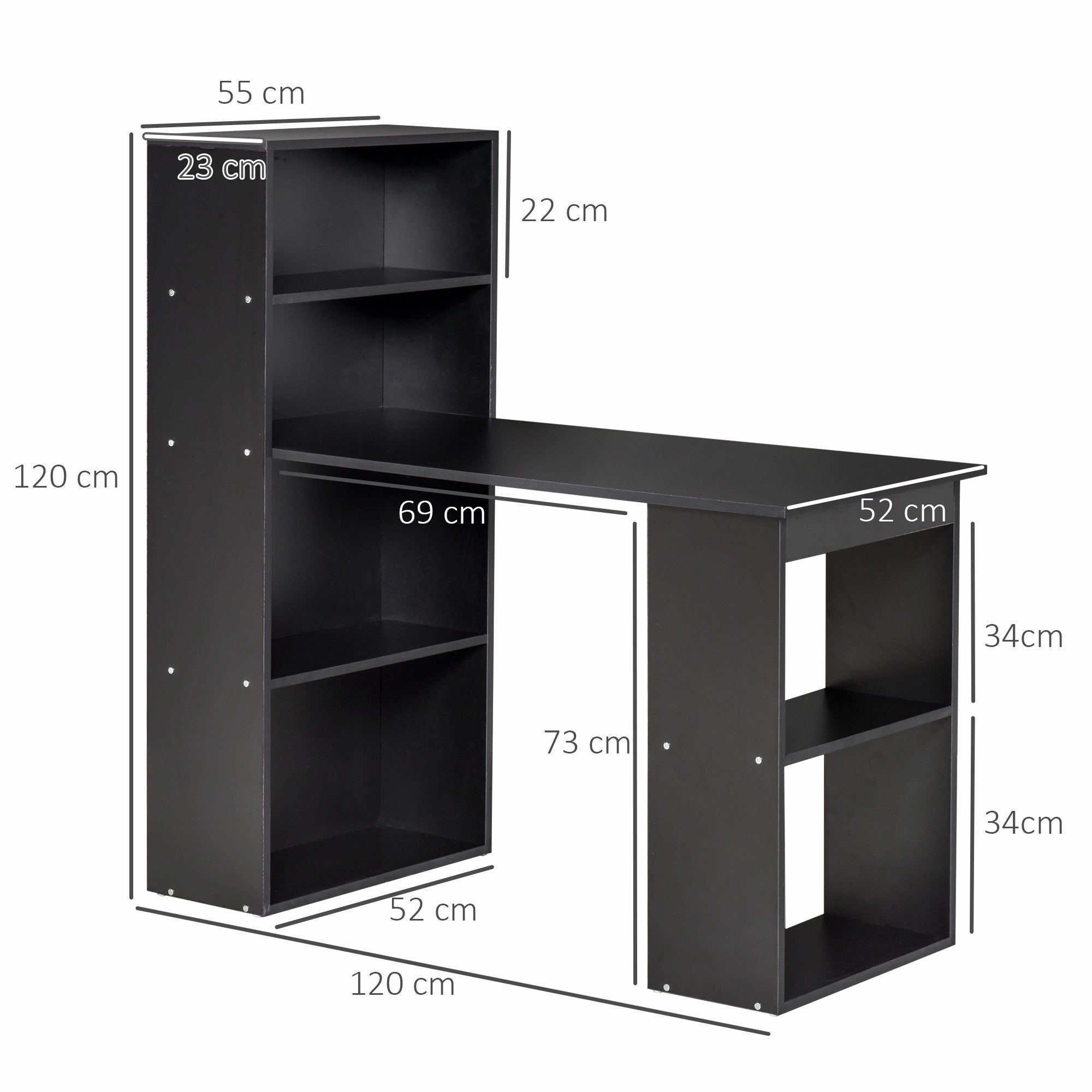 120cm Modern Computer Desk Bookshelf Study Table Workstation PC Laptop Writing Home Office 6 Shelves, Black
