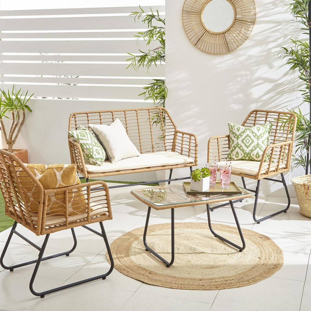 4 Piece Wicker Bamboo Style Garden Sofa, Table & Chairs Set