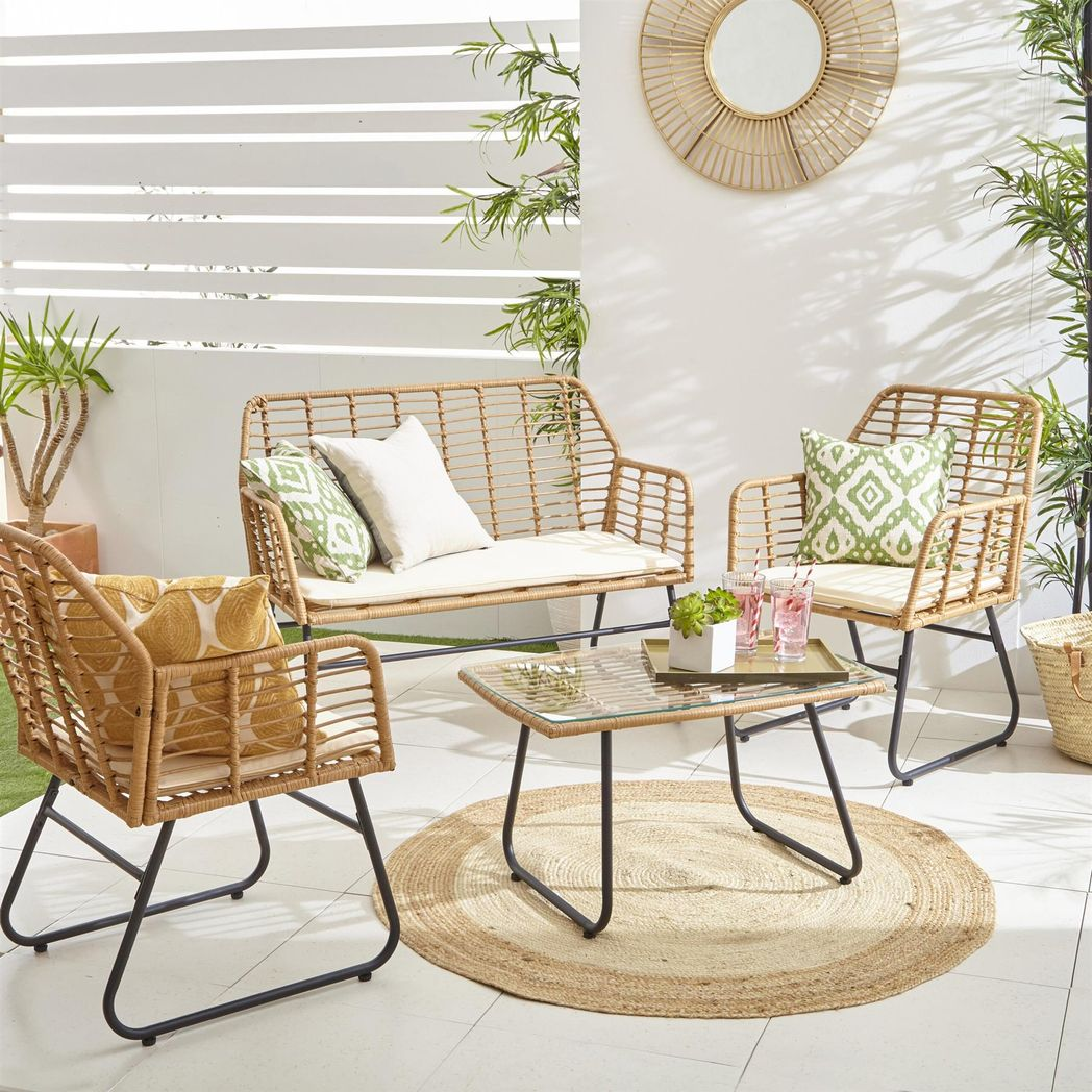 4 Piece Wicker Bamboo Style Garden Sofa, Table & Chairs Set