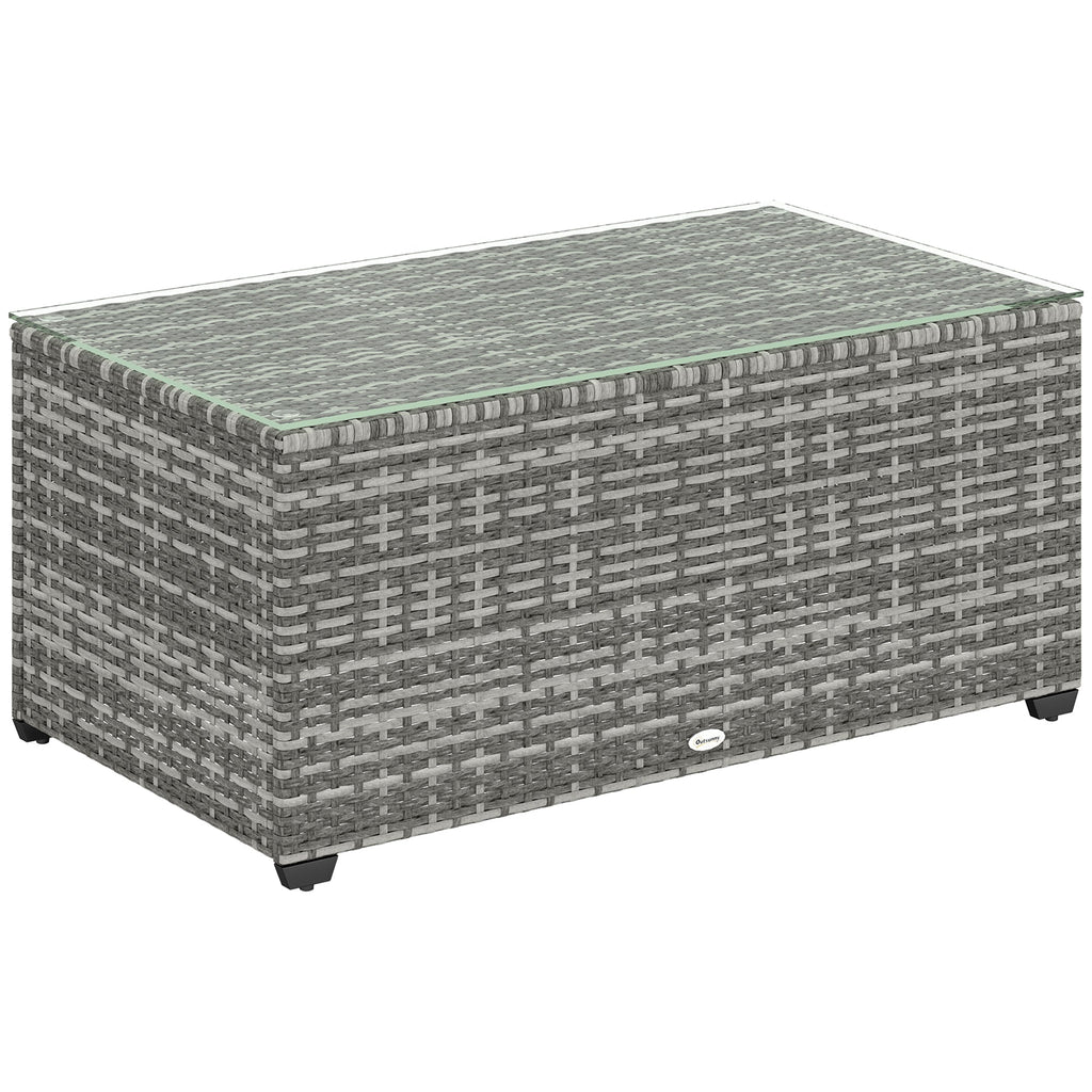 Outdoor Coffee Table, Glass Top Rattan Side Table Light Grey
