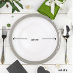 Set of Four 33cm Dia Embossed Charger Plates with Silver Rim