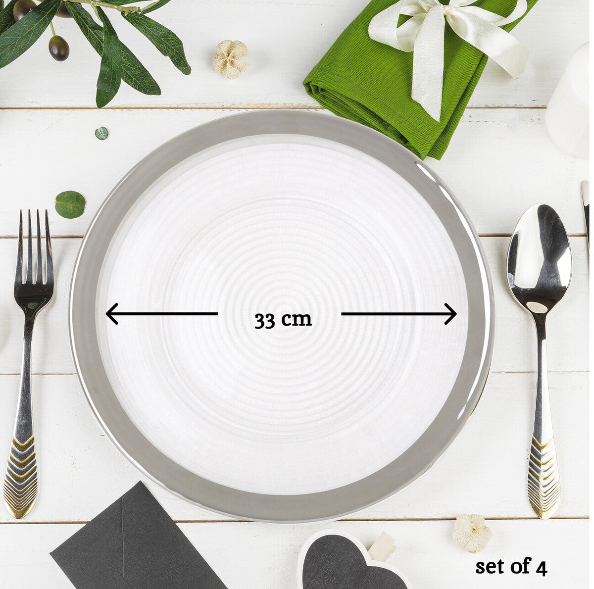 Set of Four 33cm Dia Embossed Charger Plates with Silver Rim