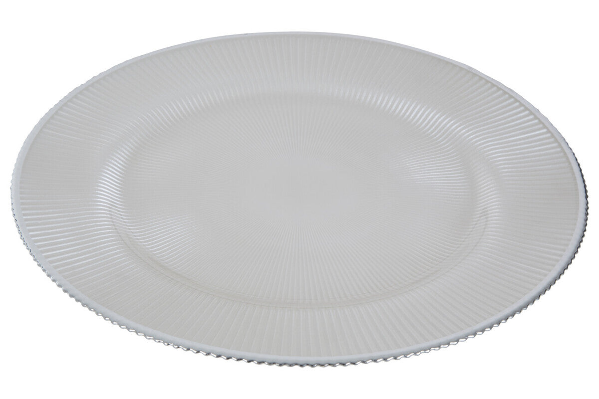 Set of Four 33cm Dia Embossed White Glass Charger Plates