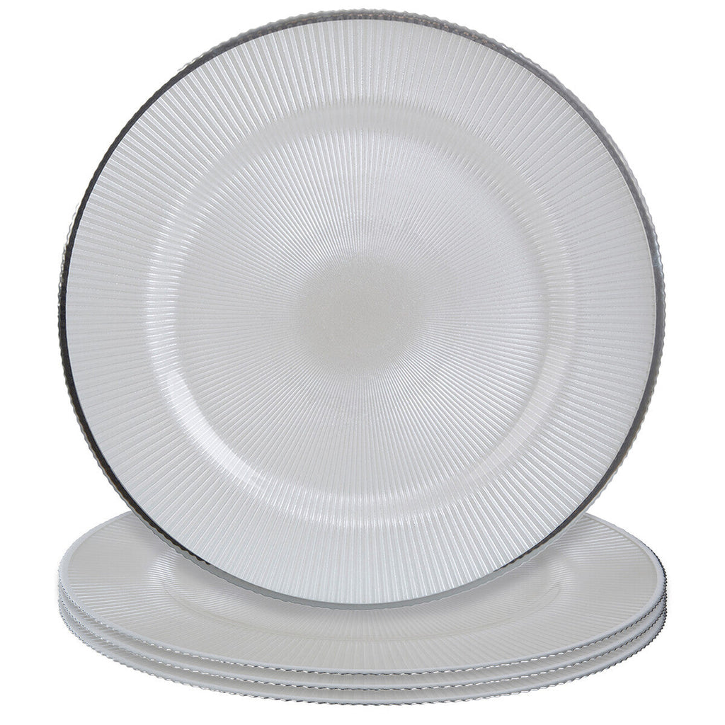 Set of Four 33cm Dia Embossed White Glass Charger Plates