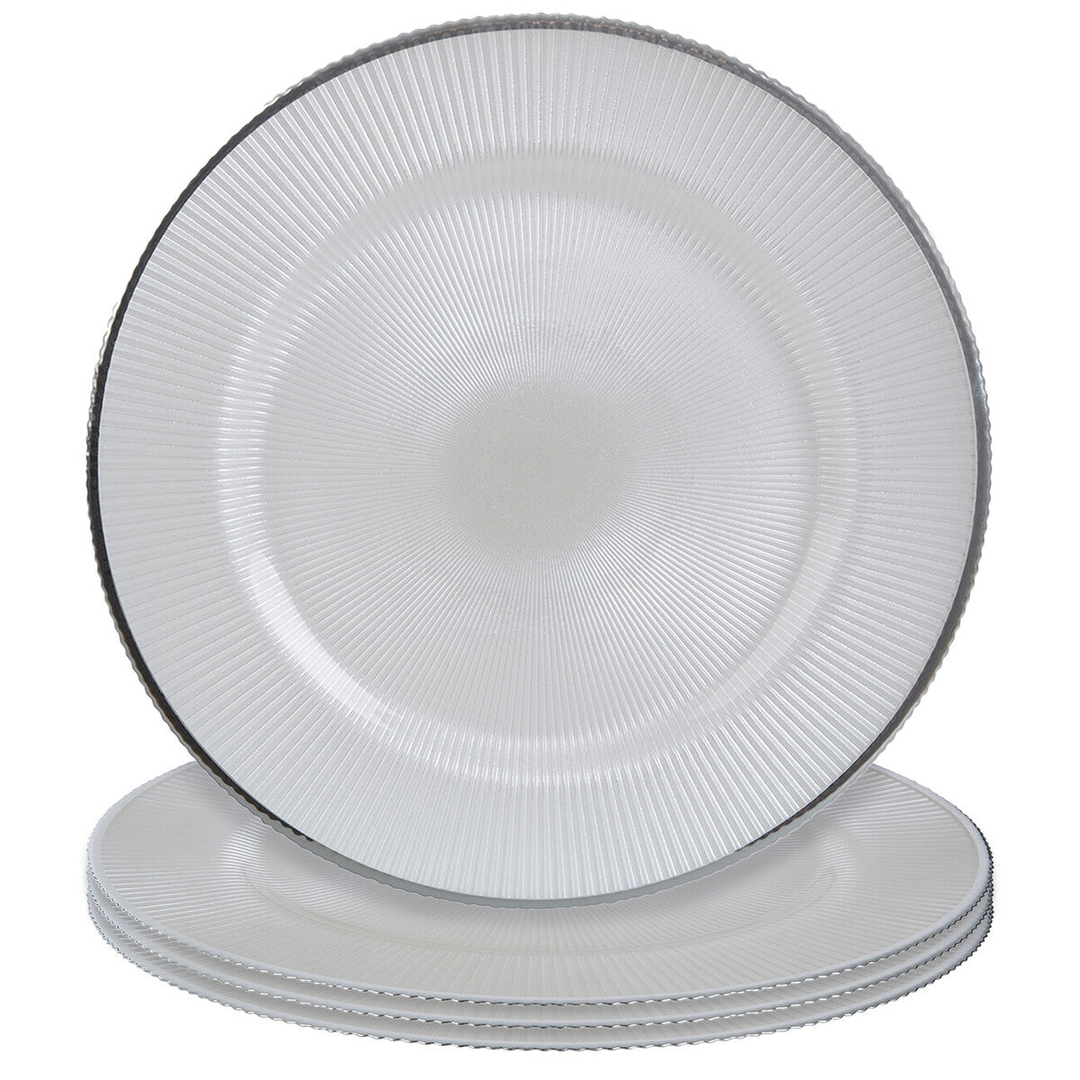 Set of Four 33cm Dia Embossed White Glass Charger Plates