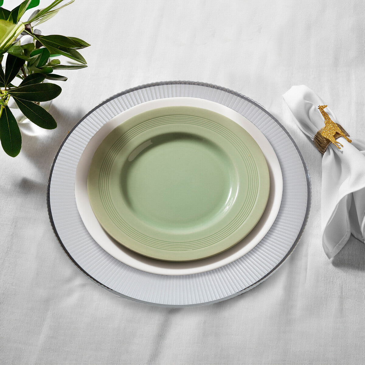 Set of Four 33cm Dia Embossed White Glass Charger Plates