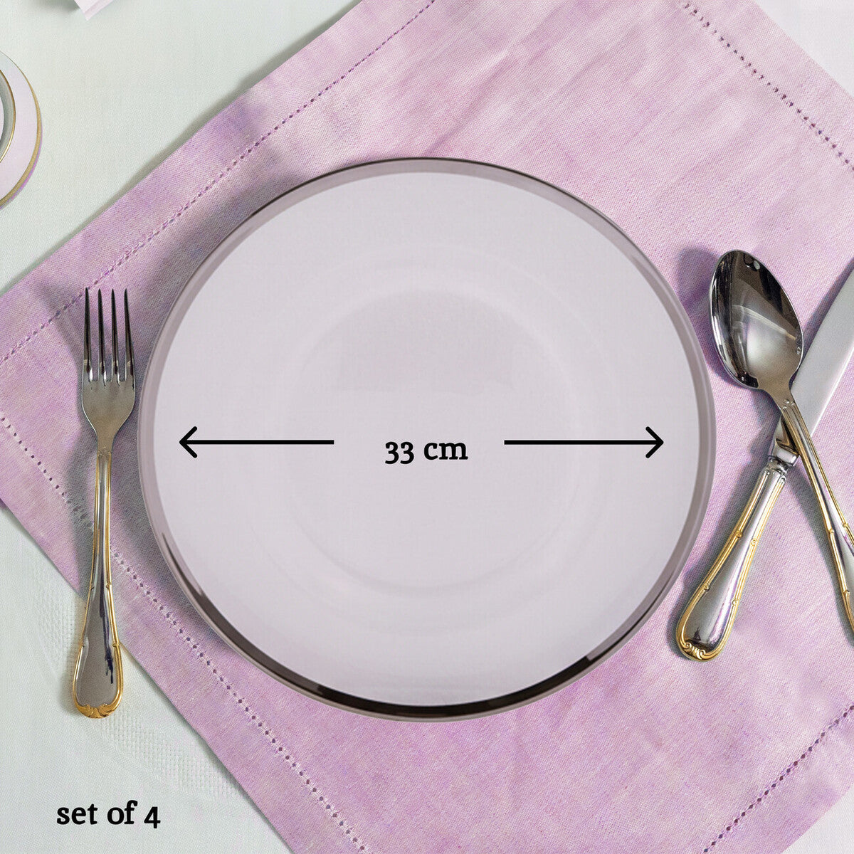 Set of Four 33cm Dia Plain Charger Plates with Silver Rims