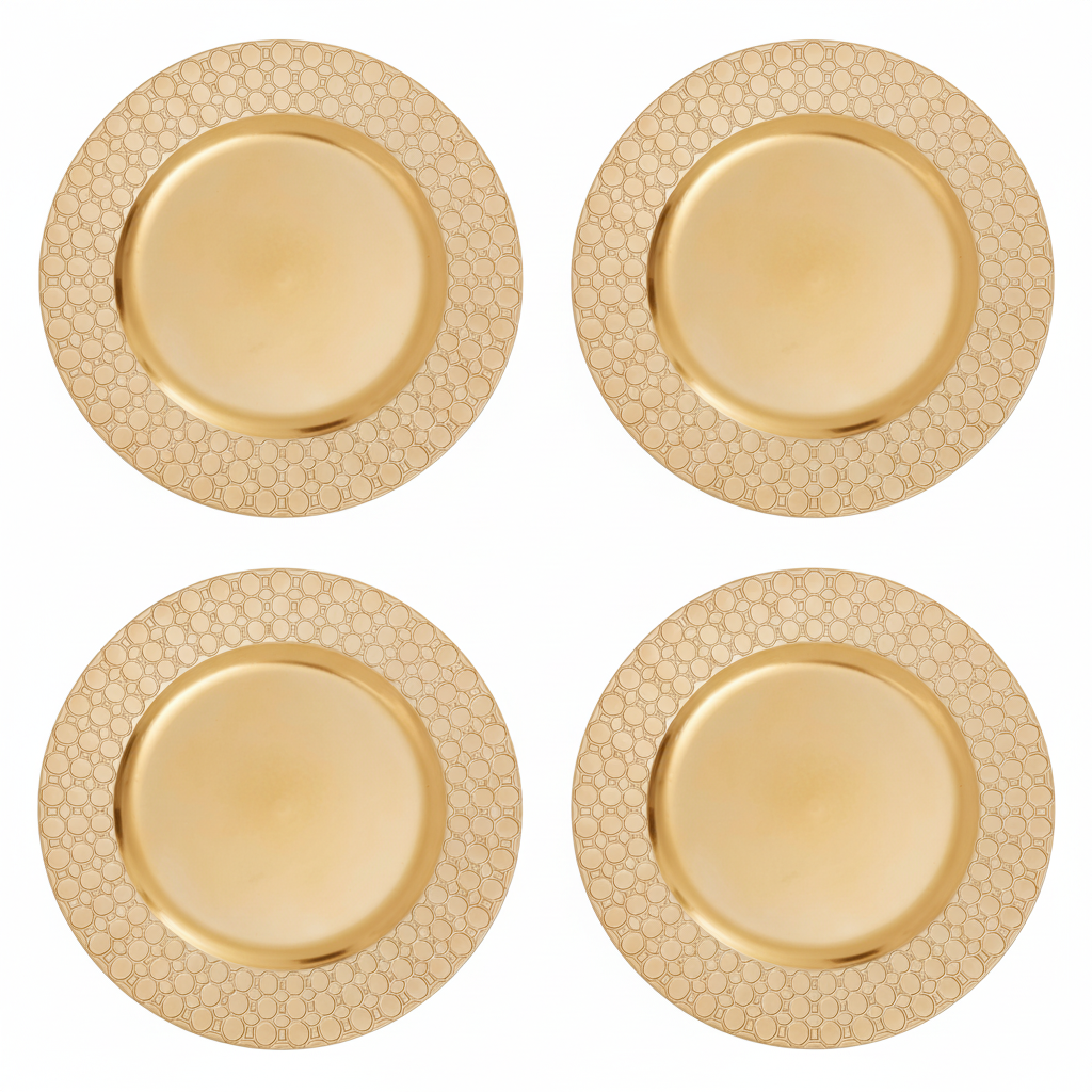 Set of Four 33cm Gold Charger Plates with Octagon Pattern Rim