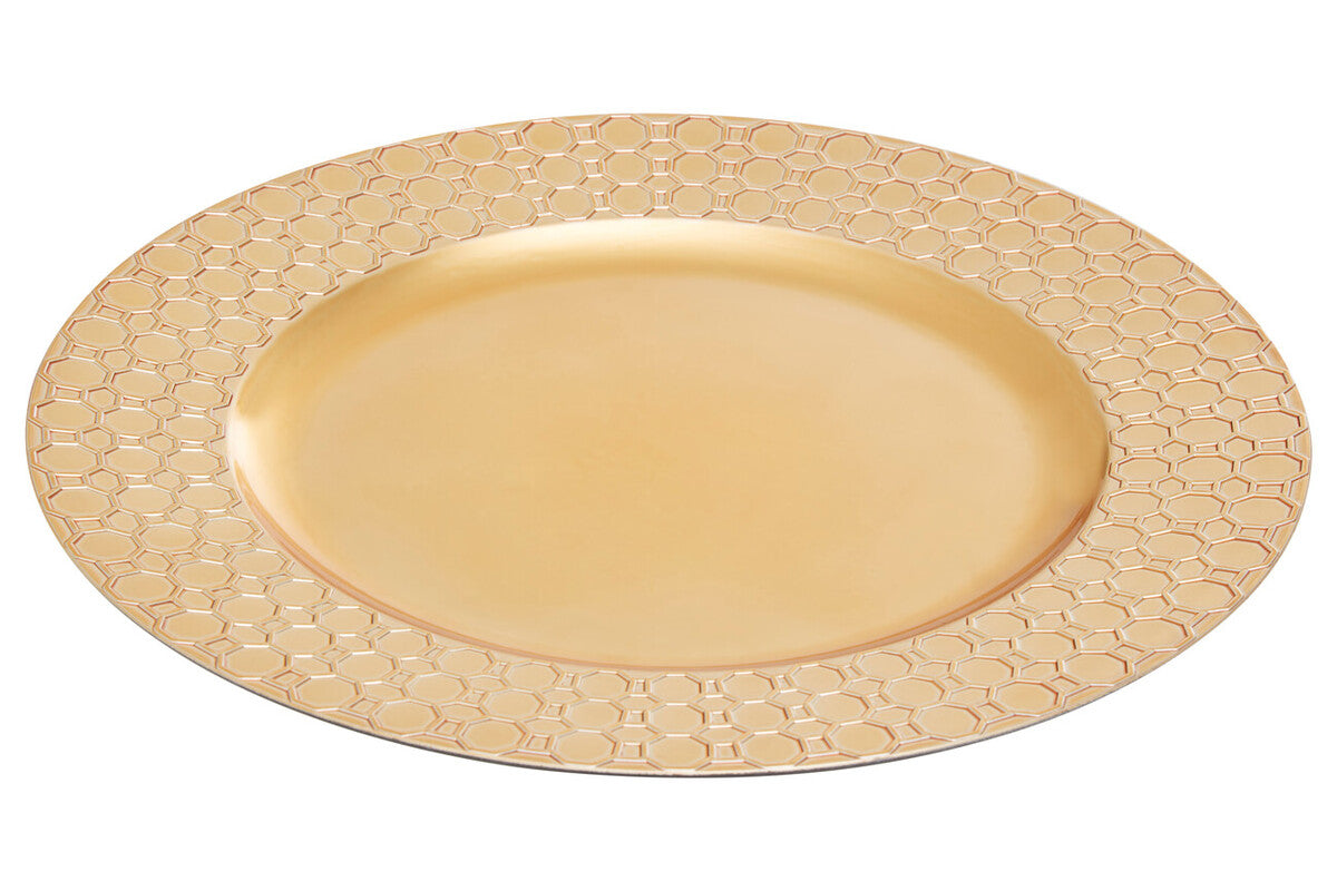 Set of Four 33cm Gold Charger Plates with Octagon Pattern Rim