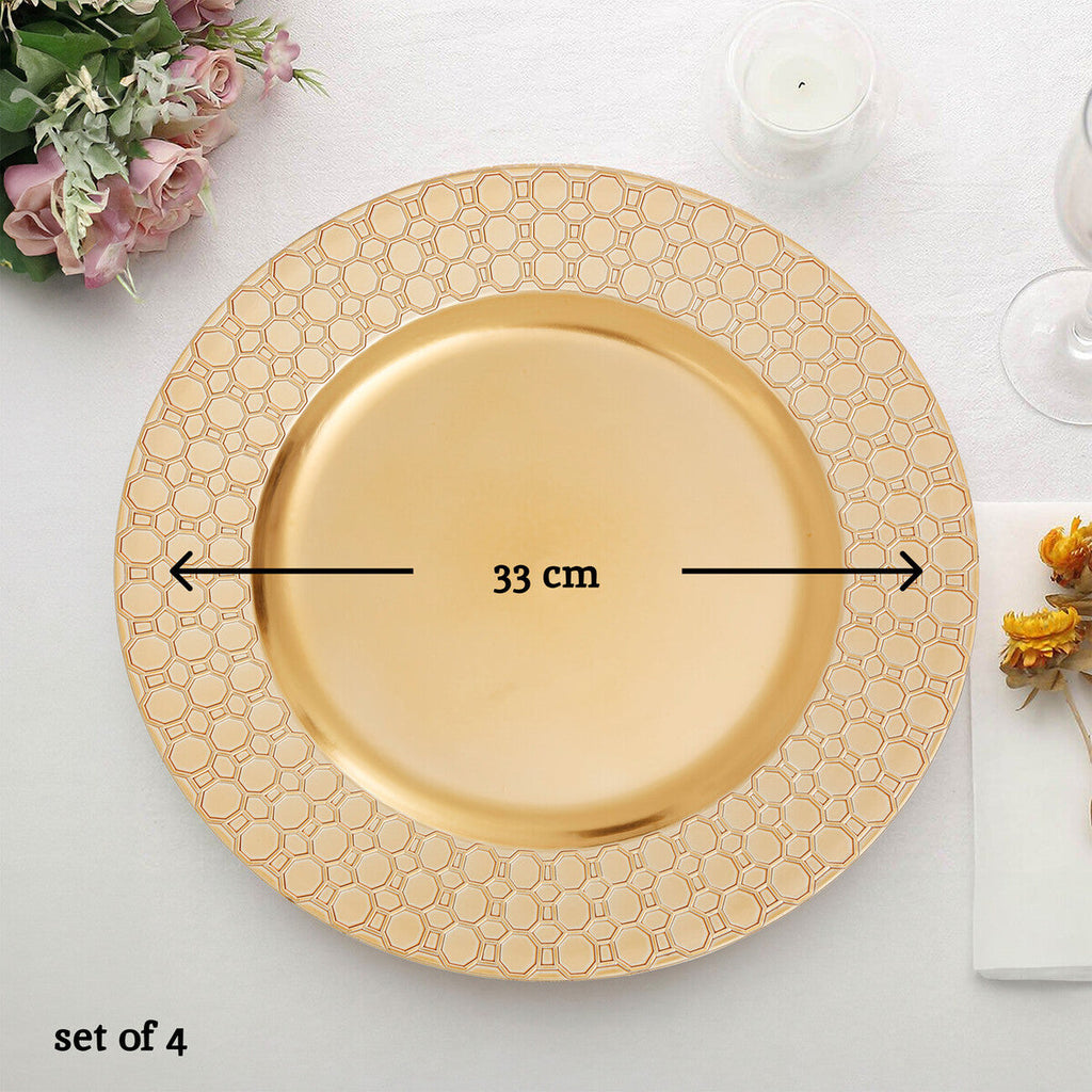 Set of Four 33cm Gold Charger Plates with Octagon Pattern Rim