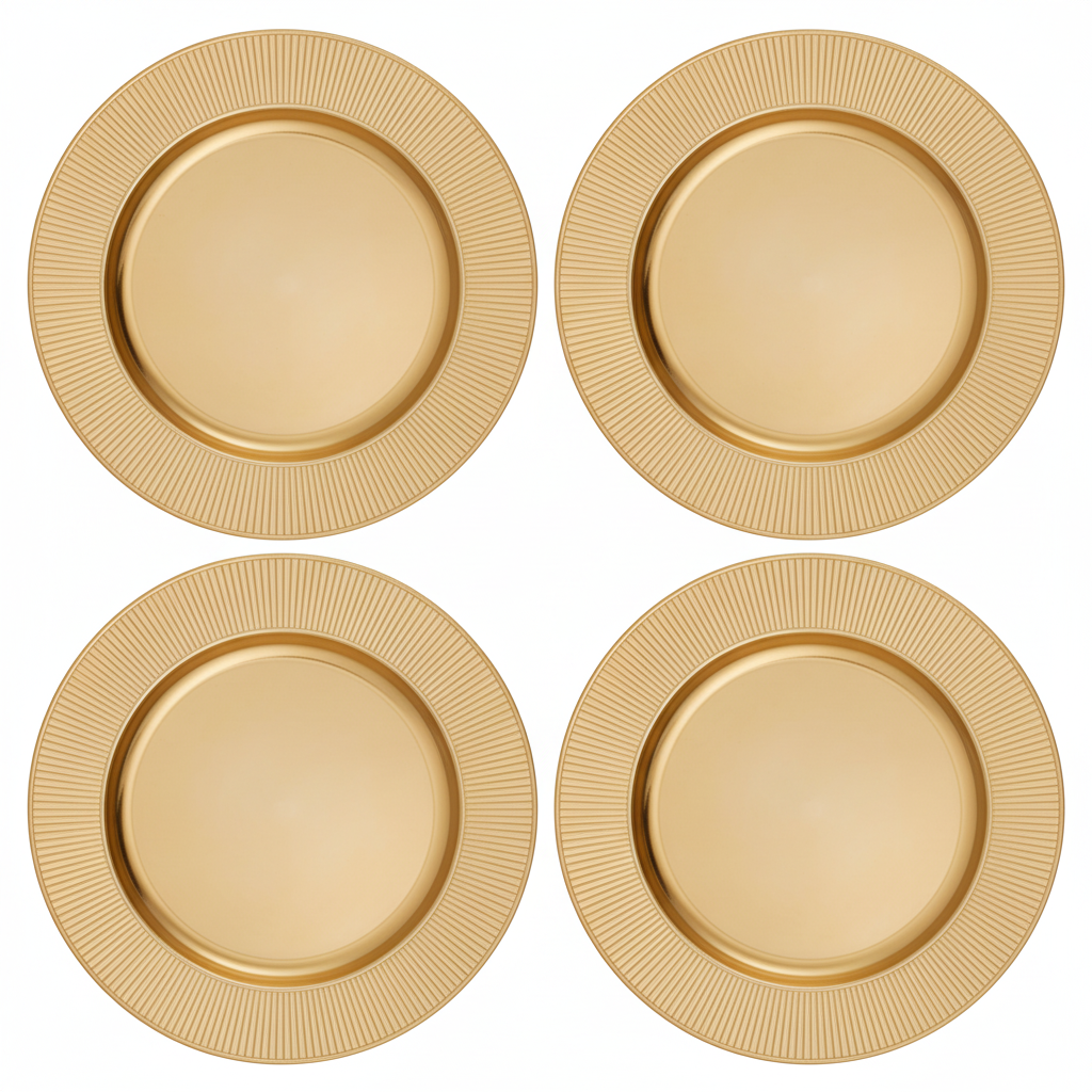 Set of Four 33cm Gold Charger Plates with Ribbed Rims