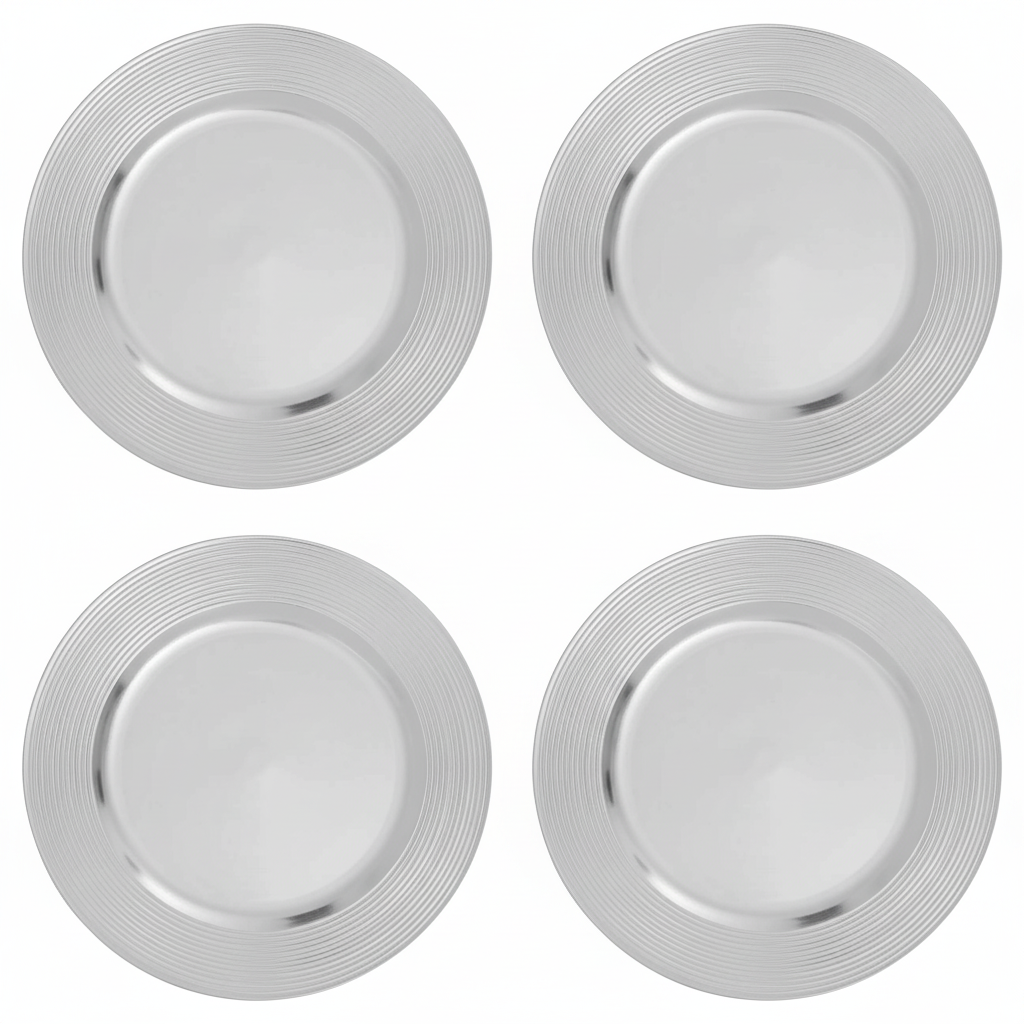 Set of Four 33cm Silver Charger Plates with Ribbed Rims