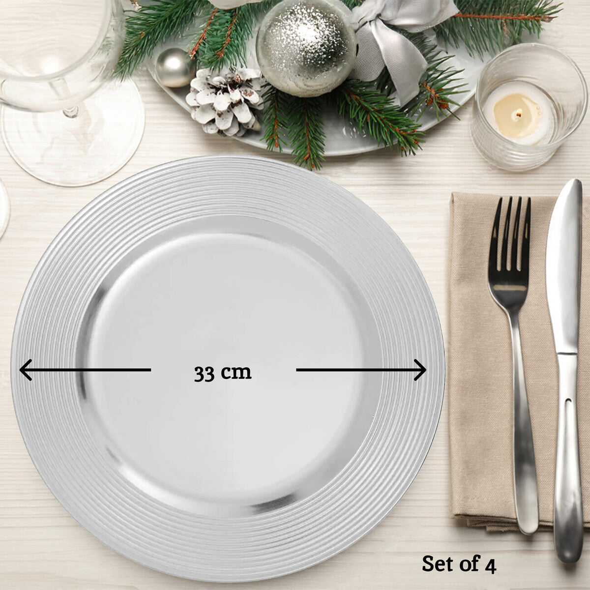Set of Four 33cm Silver Charger Plates with Ribbed Rims