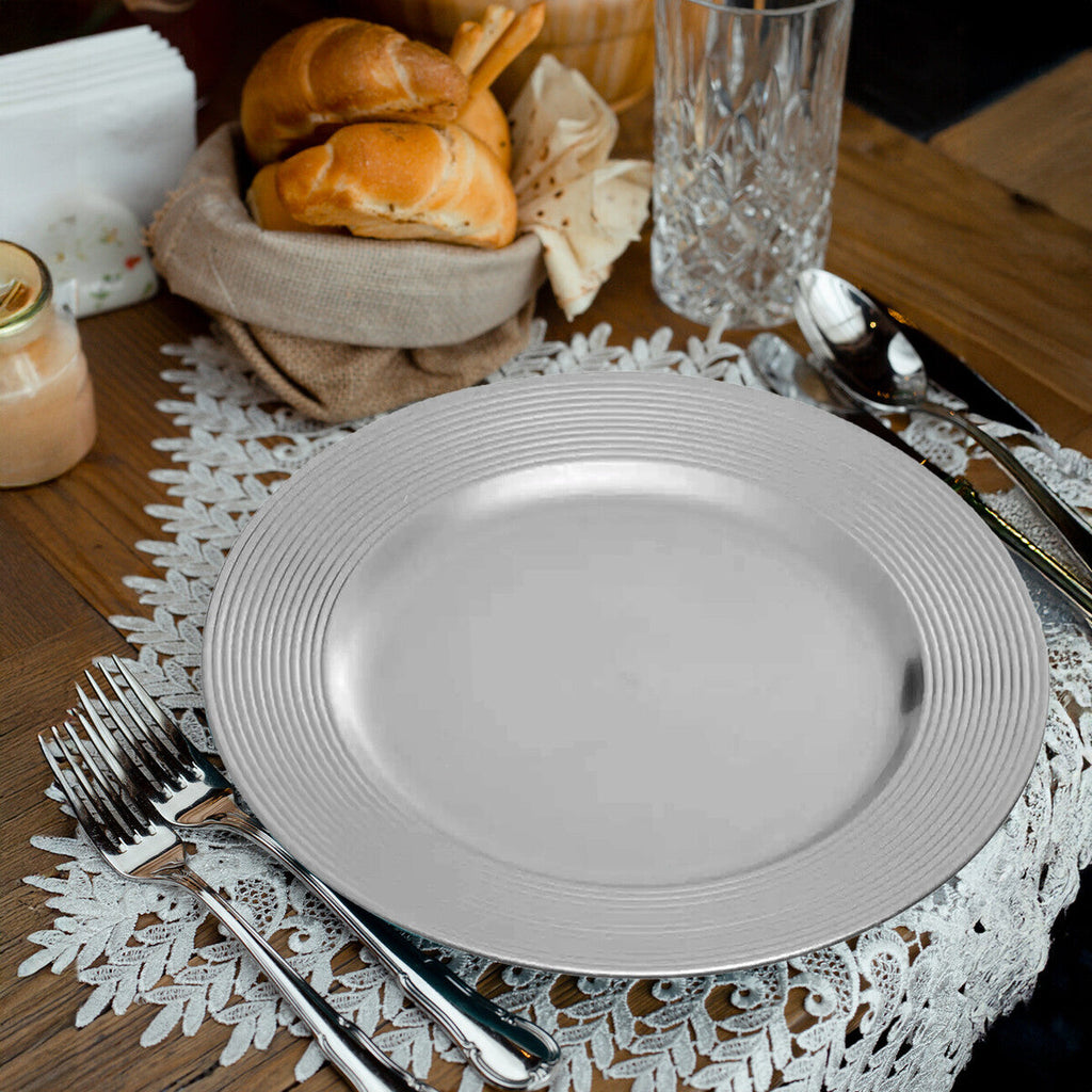 Set of Four 33cm Silver Charger Plates with Ribbed Rims