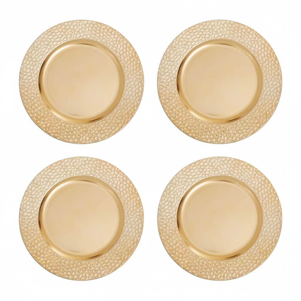 Set of Four 33cm Gold Charger Plates with Hammered Rims