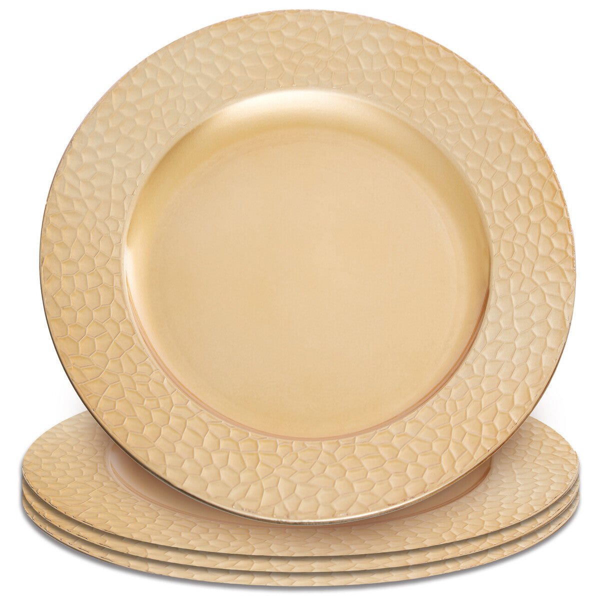 Set of Four 33cm Gold Charger Plates with Hammered Rims