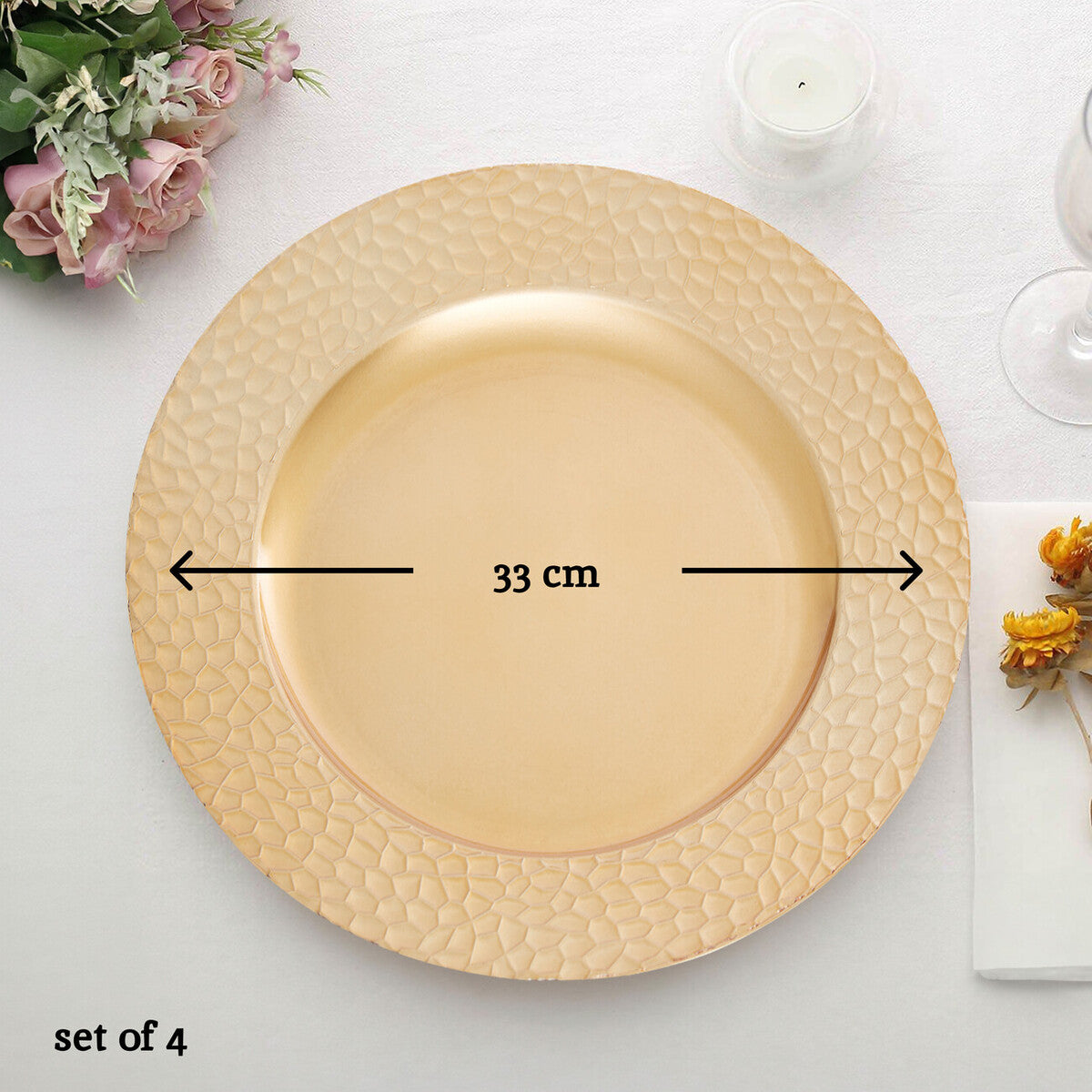 Set of Four 33cm Gold Charger Plates with Hammered Rims