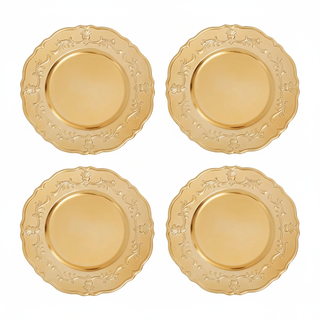 Set of Four 33cm Gold Finish Baroque Charger Plates