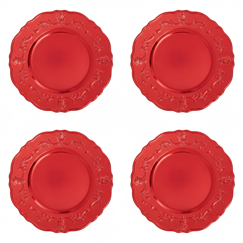 Set of Four 33cm Red Finish Baroque Charger Plates