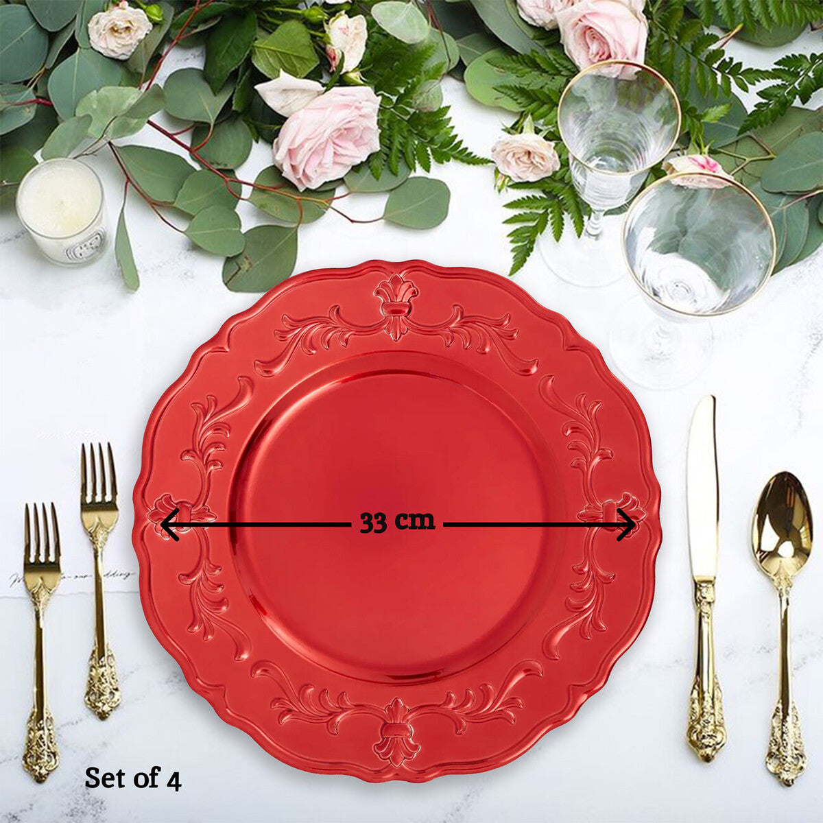 Set of Four 33cm Red Finish Baroque Charger Plates