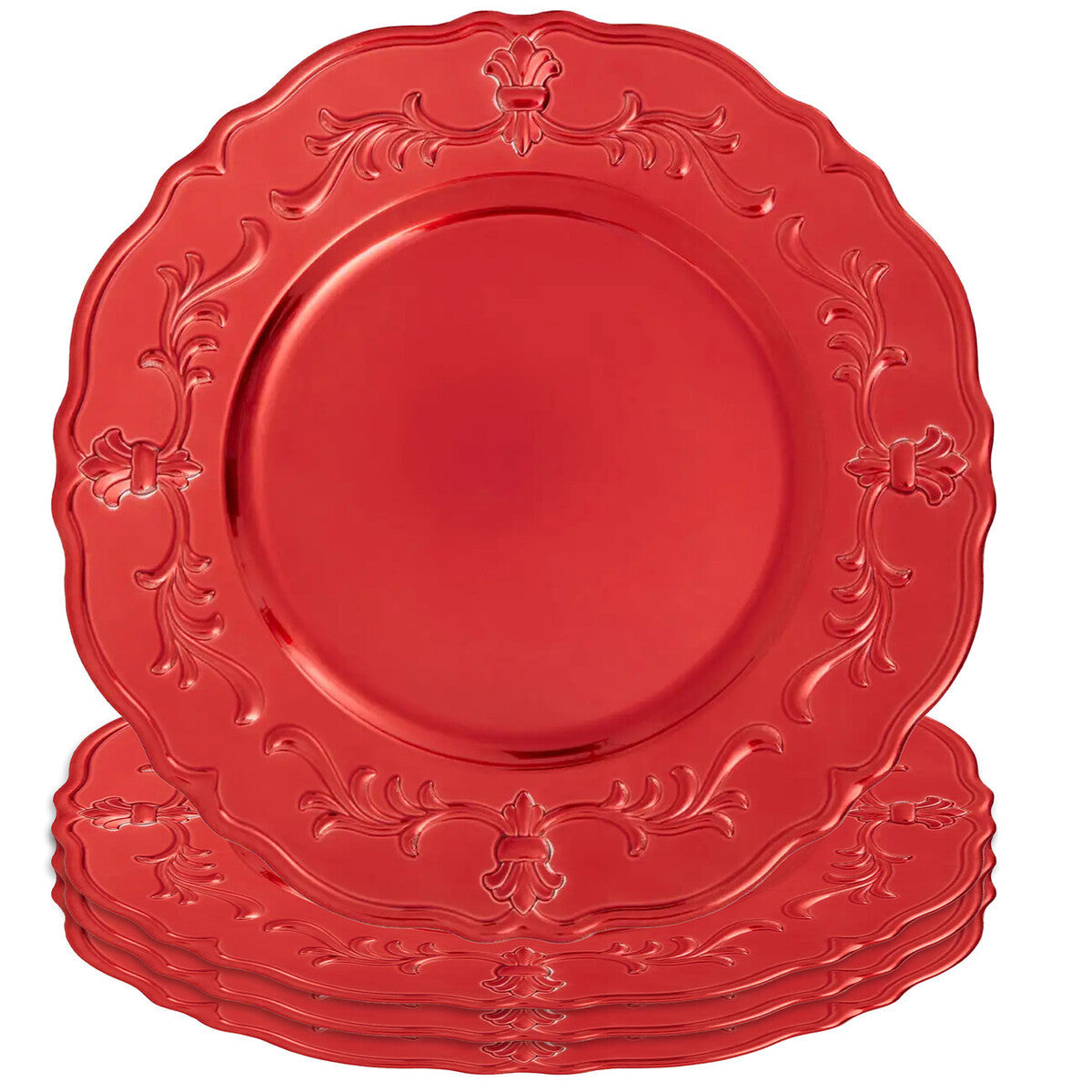 Set of Four 33cm Red Finish Baroque Charger Plates