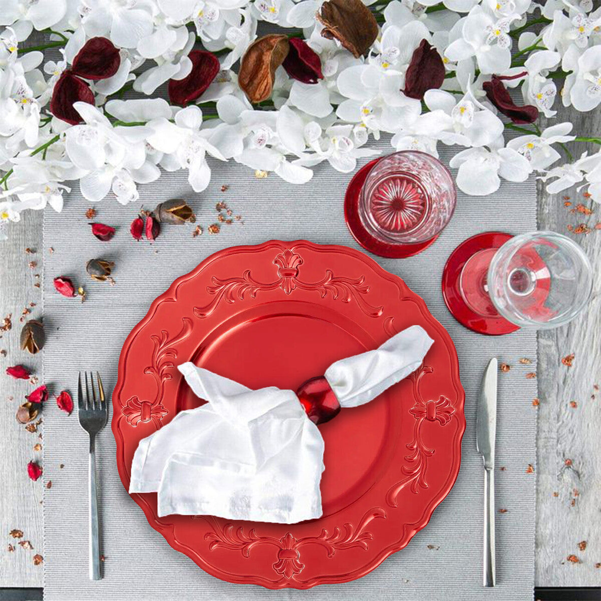 Set of Four 33cm Red Finish Baroque Charger Plates