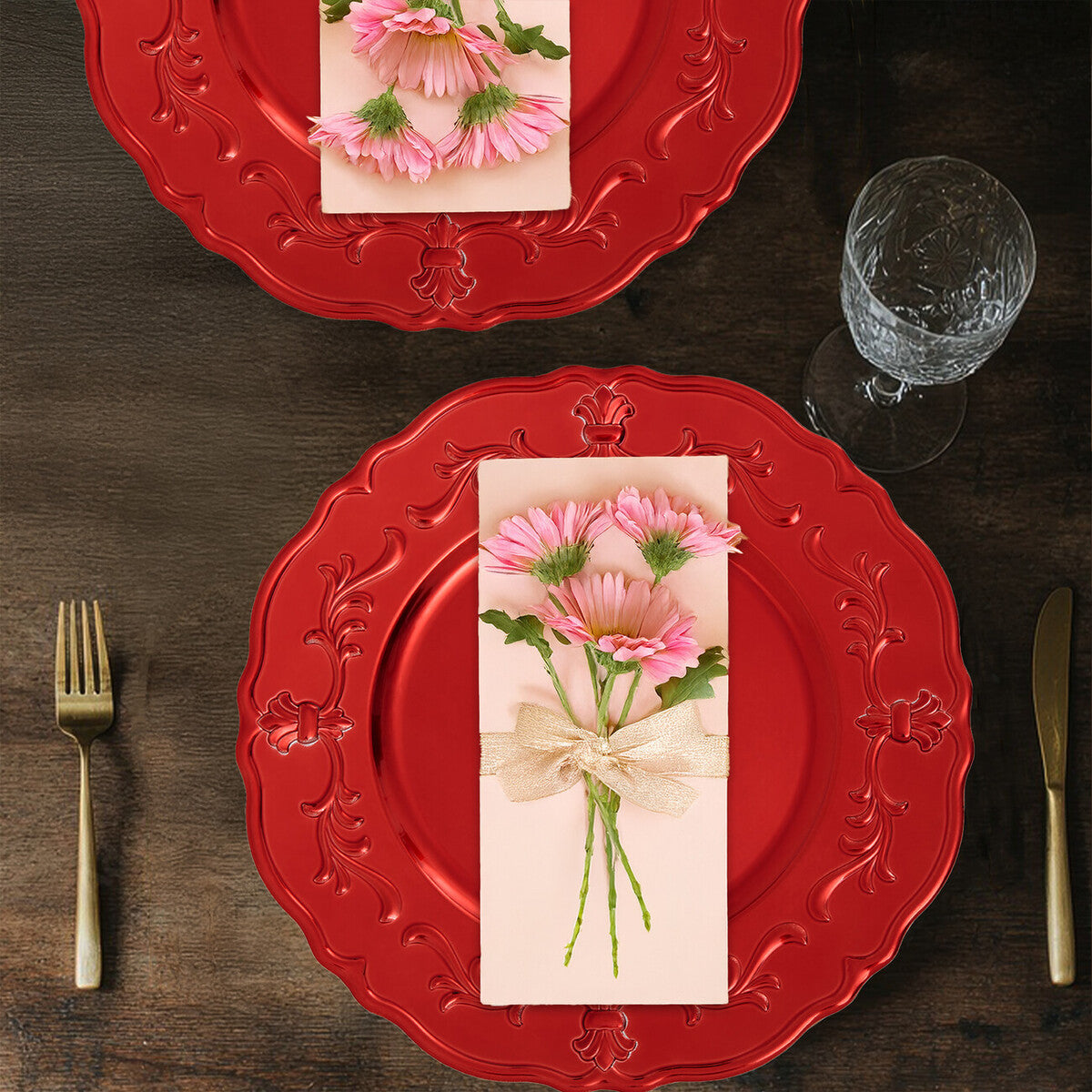 Set of Four 33cm Red Finish Baroque Charger Plates