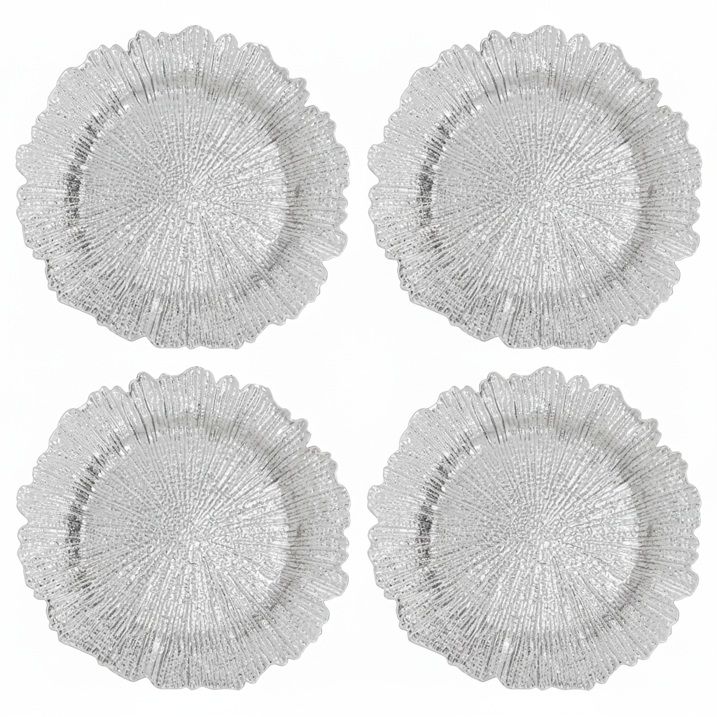 Set of Four 33cm Silver Finish Reef Charger Plates