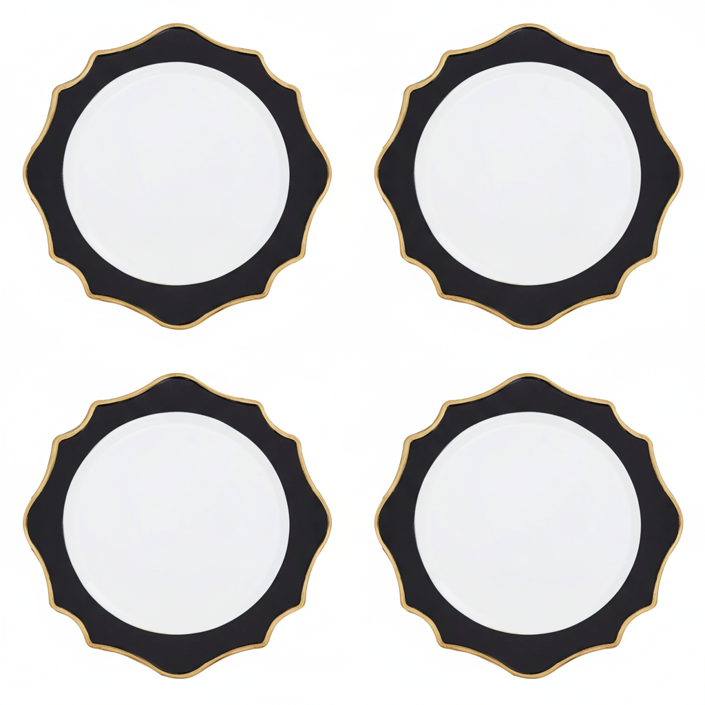 Set of 4 33cm White and Black Round Charger Plates