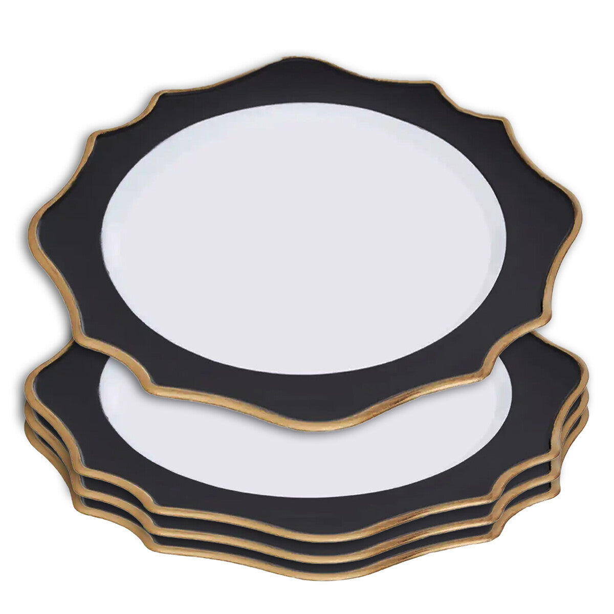 Set of 4 33cm White and Black Round Charger Plates