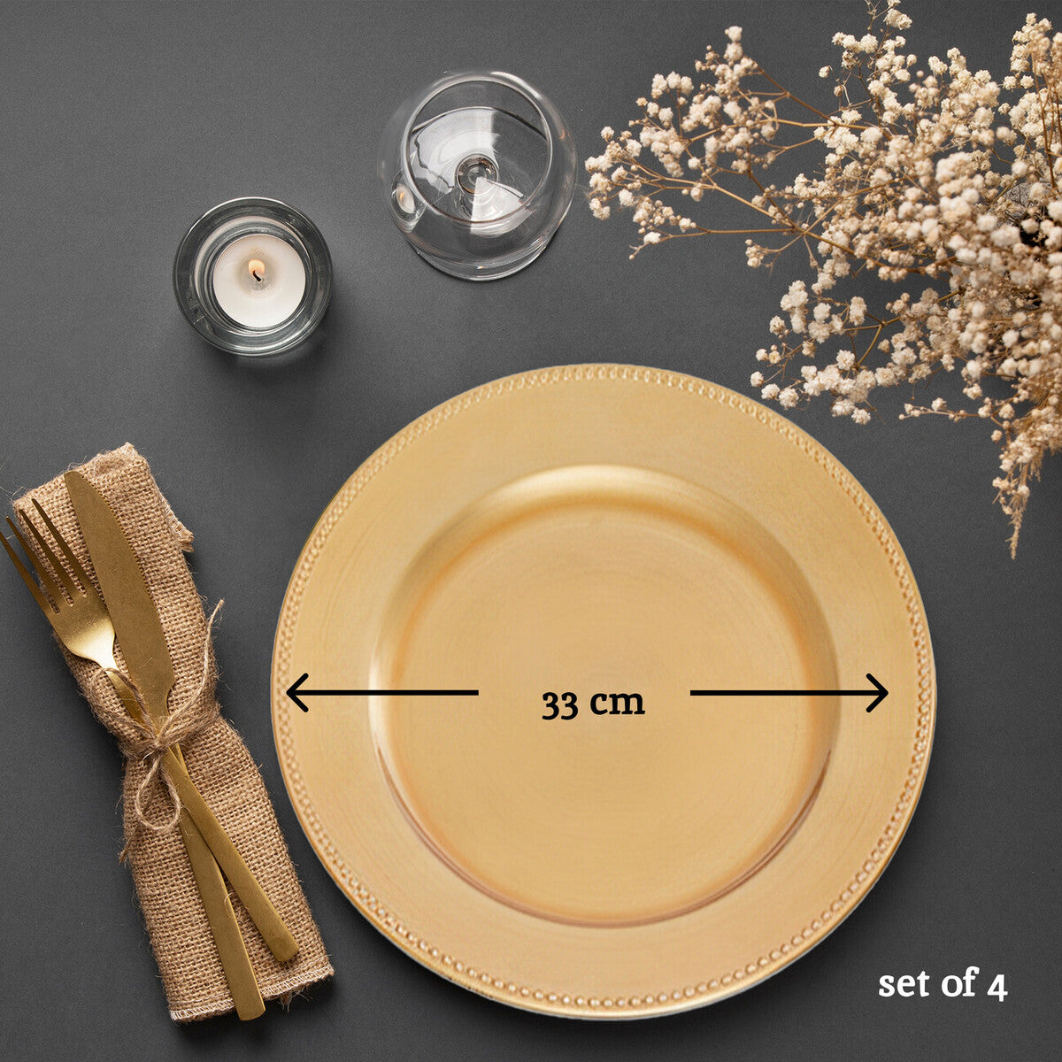 Set of 4 33cm Gold Finish Dotted Charger Plates