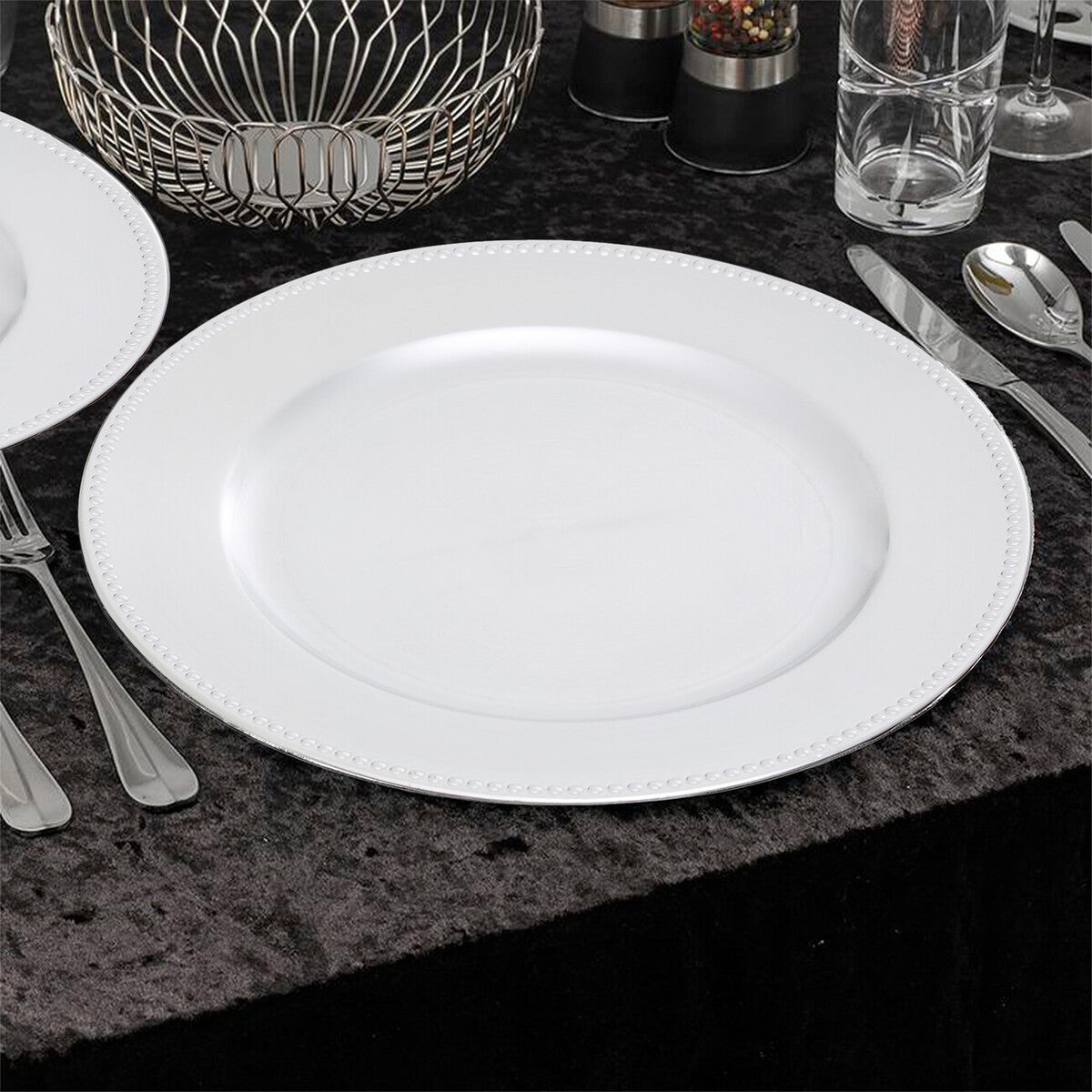 Set of Four 33cm Silver Finish Dotted Charger Plates