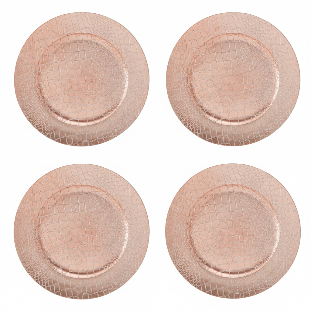 Set of Four 33cm Rose Gold Crocodile Effect Charger Plates