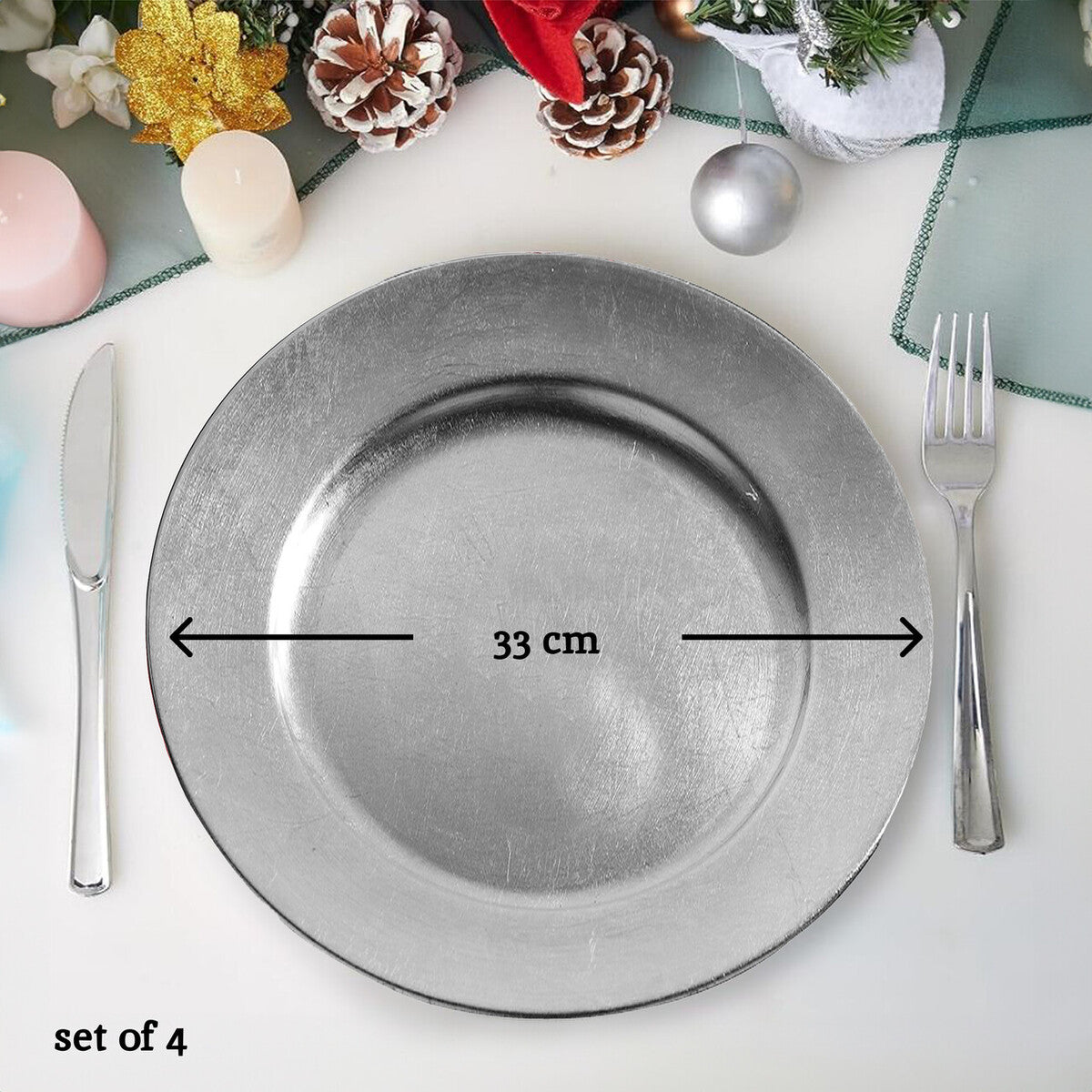 Set of Four 33cm Flat Style Silver Decorative Charger Plates