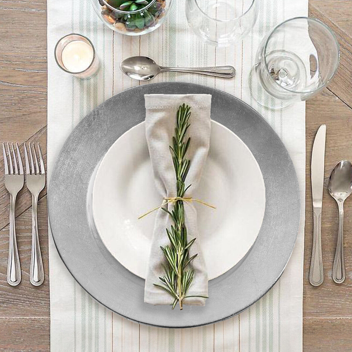 Set of Four 33cm Flat Style Silver Decorative Charger Plates