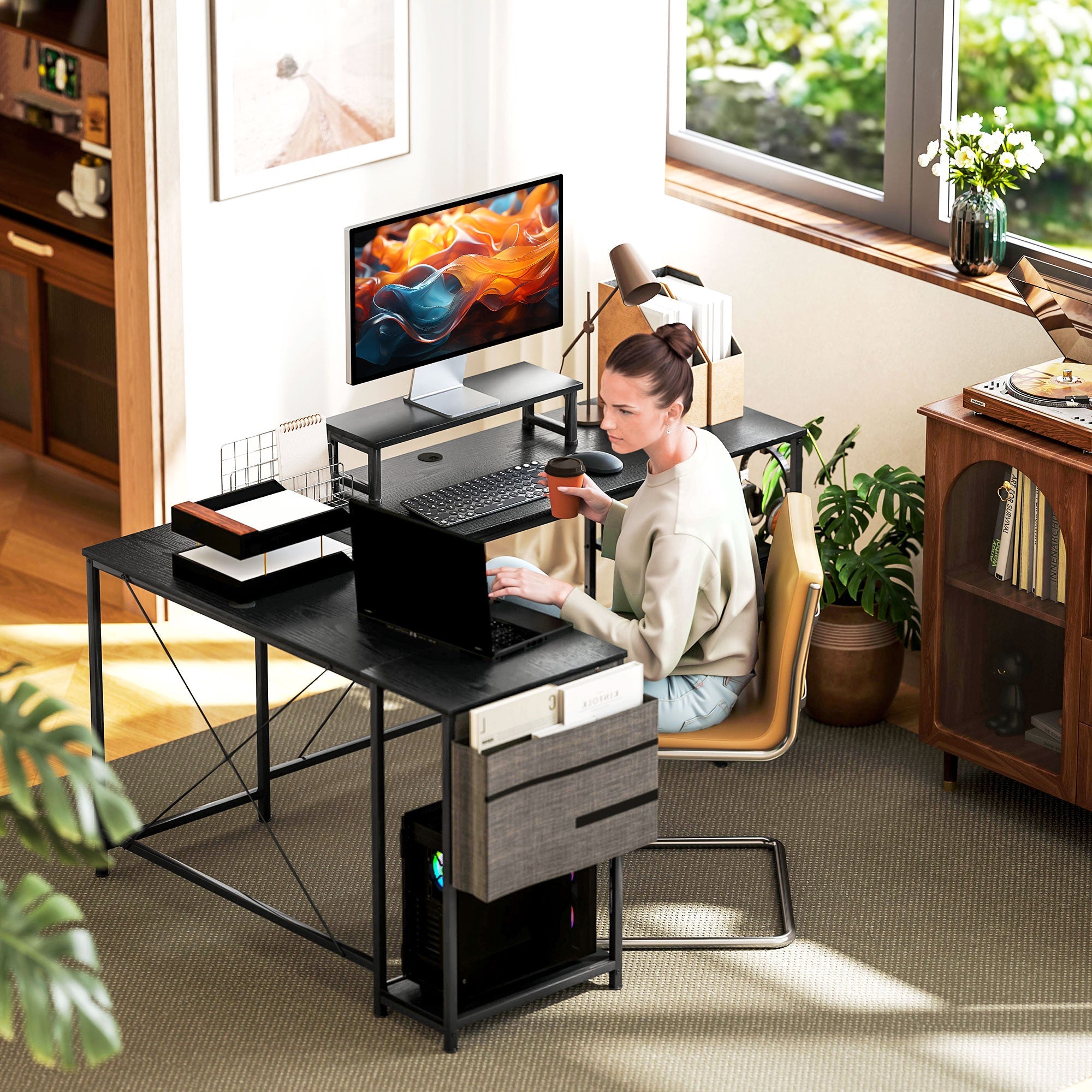 168cm Reversible L Shaped Desk, Industrial Corner Computer Desk with Adjustable Shelf and Storage Bag, 240cm 2 Person Desk with Monitor Stand, Black