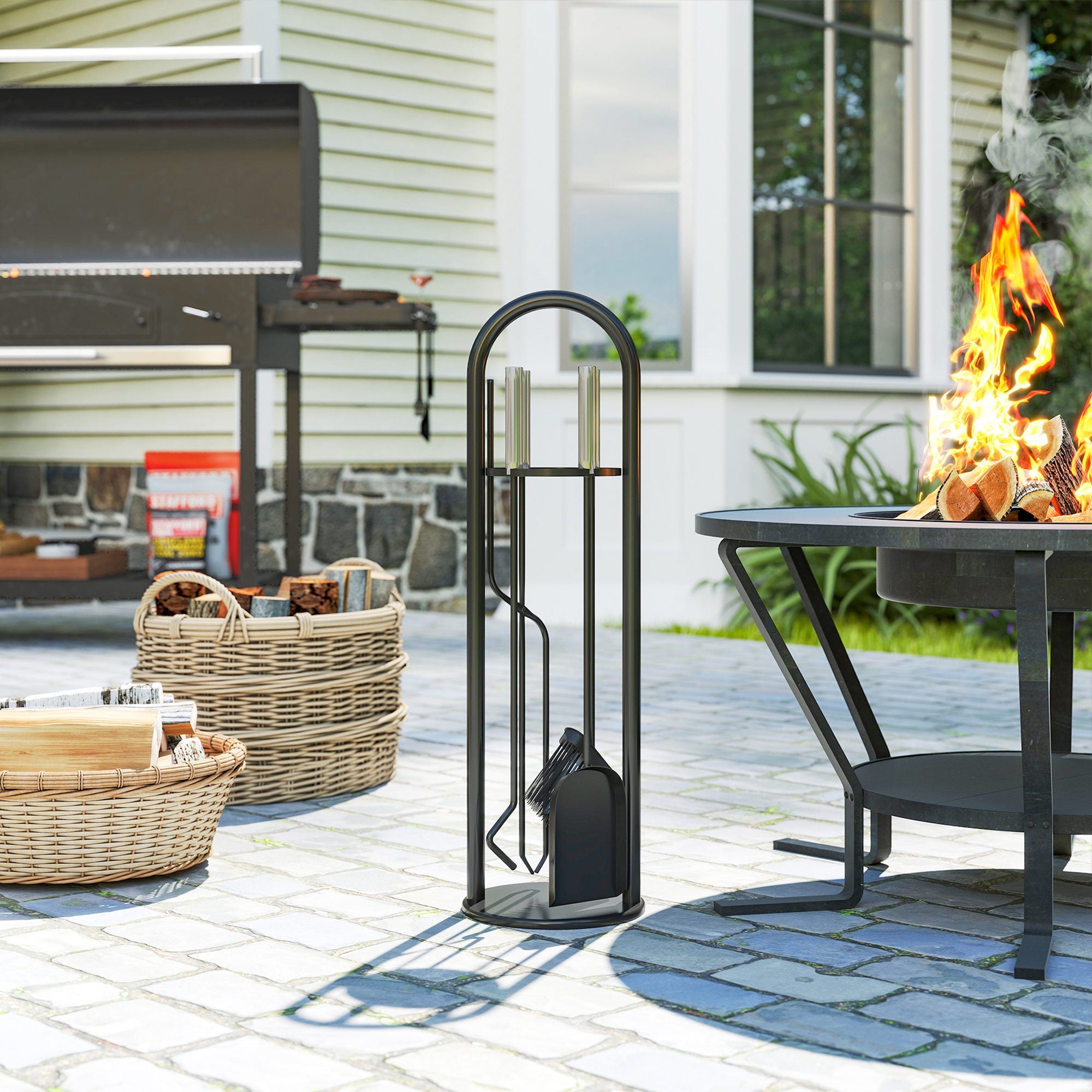 5 Piece Fireplace Tools Set, Metal Fireplace Accessories with Broom, Shovel, Poker, Tongs & Stand, Silver Silver