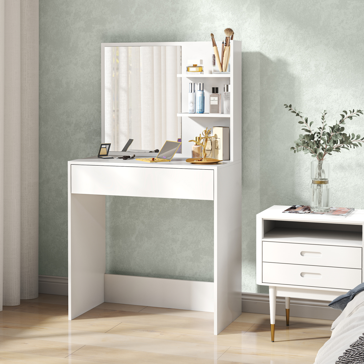 Dressing Table with Mirror and Storage, Modern Vanity Desk, White