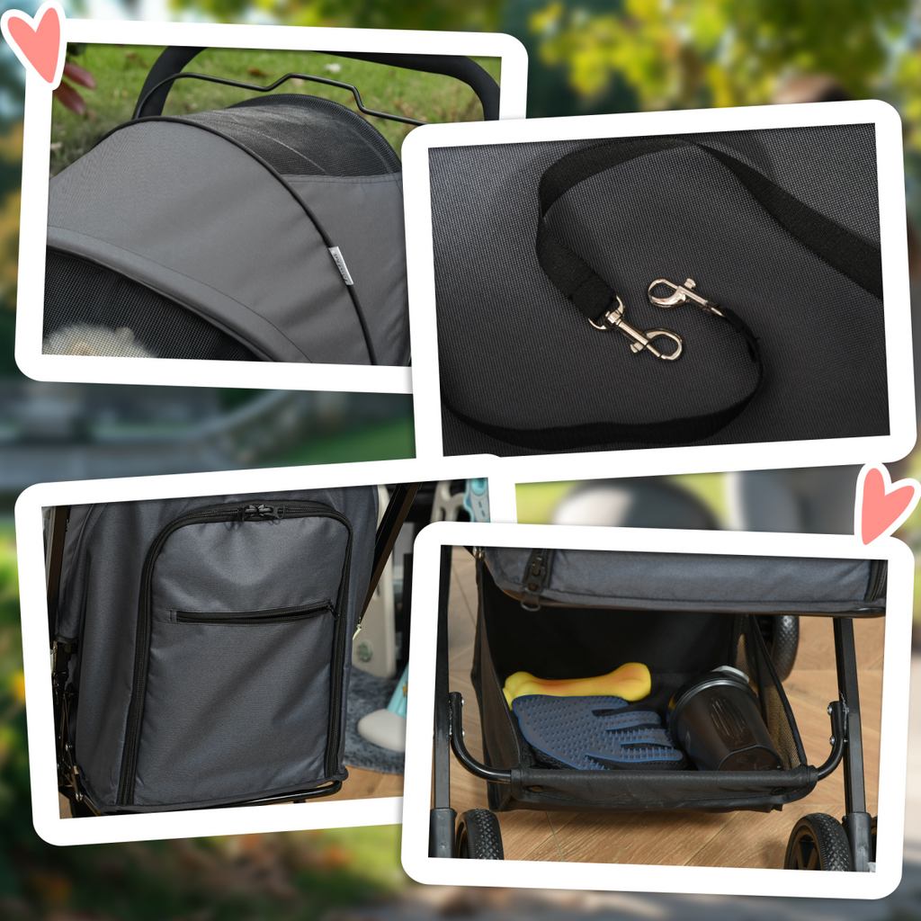 Pet Stroller - Foldable Dog Carriage w/ Reversible Handle - Grey