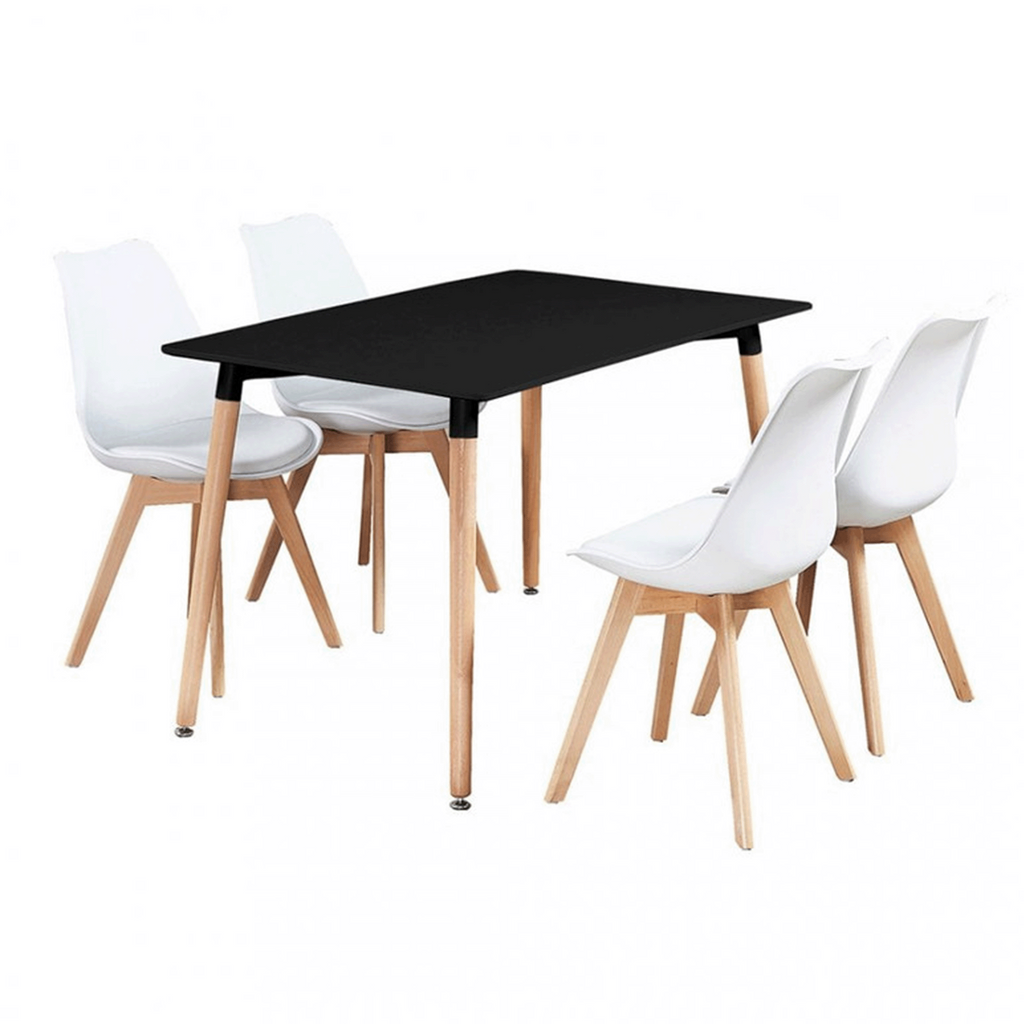 Black Halo Dining Table & Set of 4 Jamie Lorenzo Tulip chairs with Padded Seat White