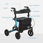 Folding Rollator Walker with Seat, Backrest, Bag, 4 Wheels