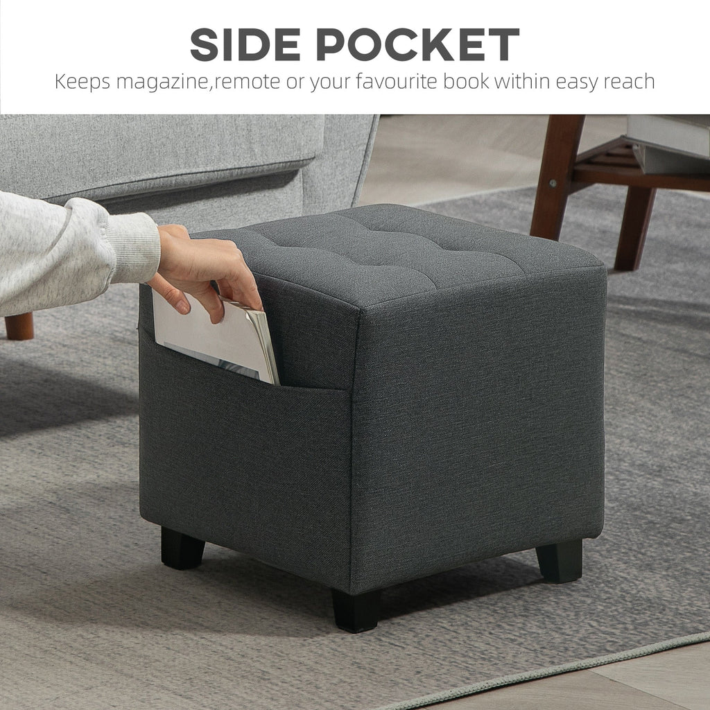 Square Footstool, Small Ottoman with Side Pocket, Linen Fabric Footrest with Rubber Wood Legs and Padded Seat for Living Room, Bedroom, Entryway, 35 x 35 x 35cm, Grey