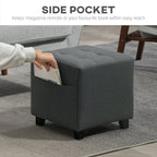 Square Footstool, Small Ottoman with Side Pocket, Linen Fabric Footrest with Rubber Wood Legs and Padded Seat for Living Room, Bedroom, Entryway, 35 x 35 x 35cm, Grey