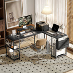 168cm Reversible L Shaped Desk, Industrial Corner Computer Desk with Adjustable Shelf and Storage Bag, 240cm 2 Person Desk with Monitor Stand, Black