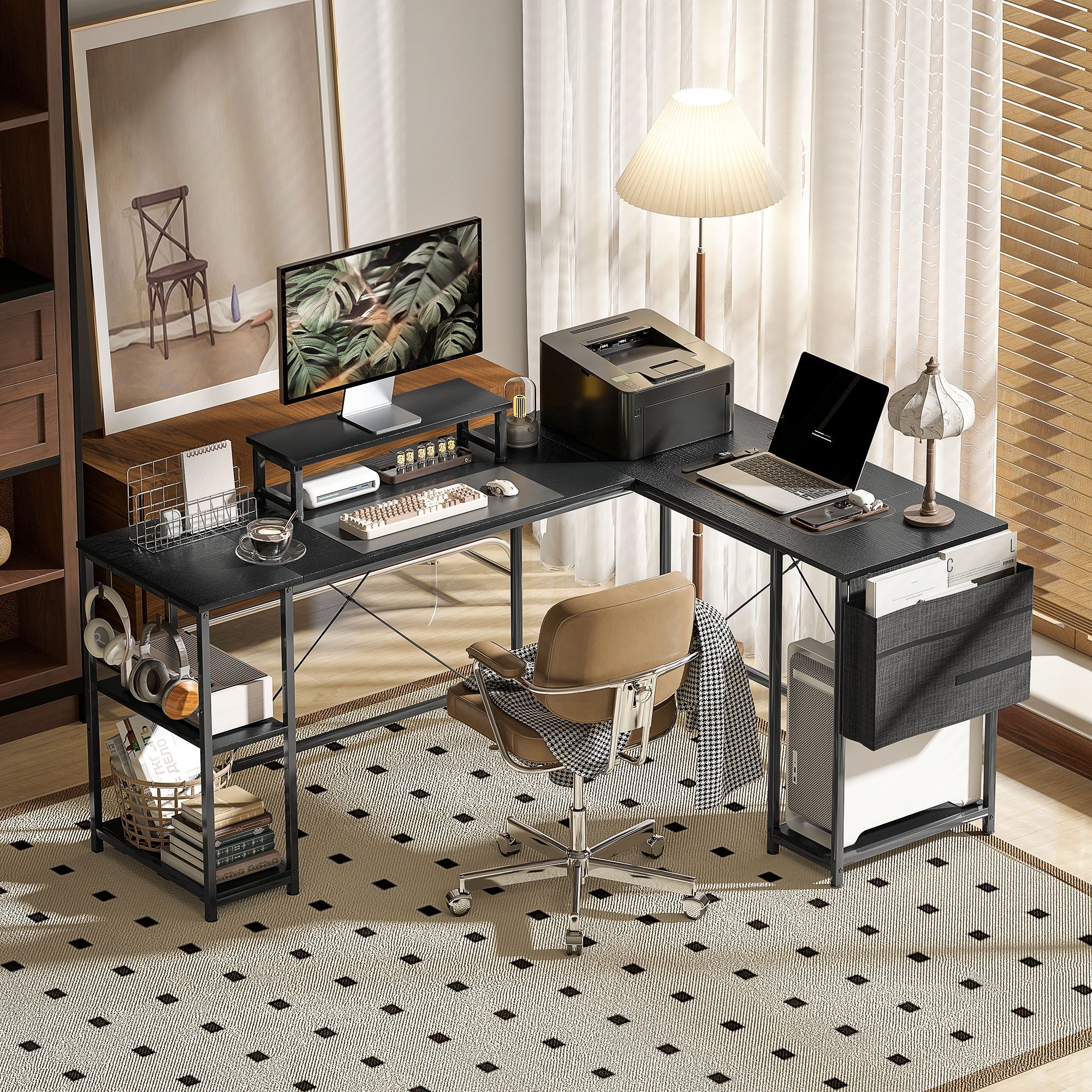 168cm Reversible L Shaped Desk, Industrial Corner Computer Desk with Adjustable Shelf and Storage Bag, 240cm 2 Person Desk with Monitor Stand, Black