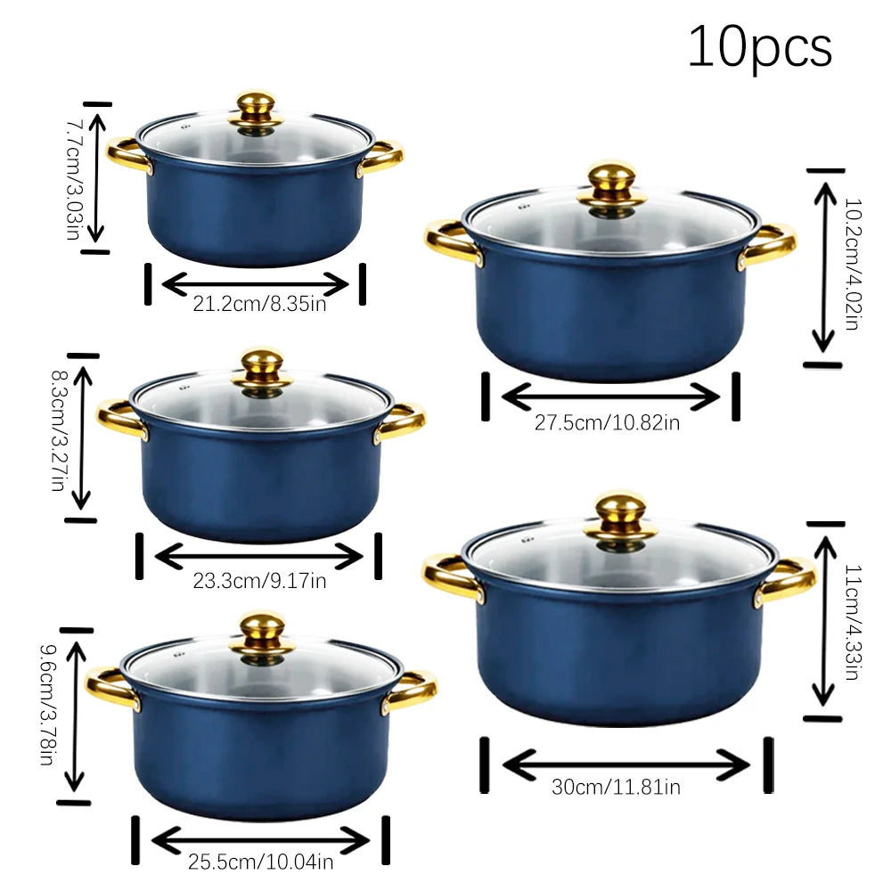 10-Piece Blue Stainless Steel Cookware Set with Glass Lids & Gold-Colored Dual Handles