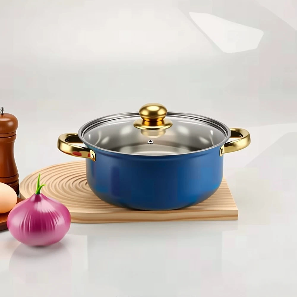 10-Piece Blue Stainless Steel Cookware Set with Glass Lids & Gold-Colored Dual Handles